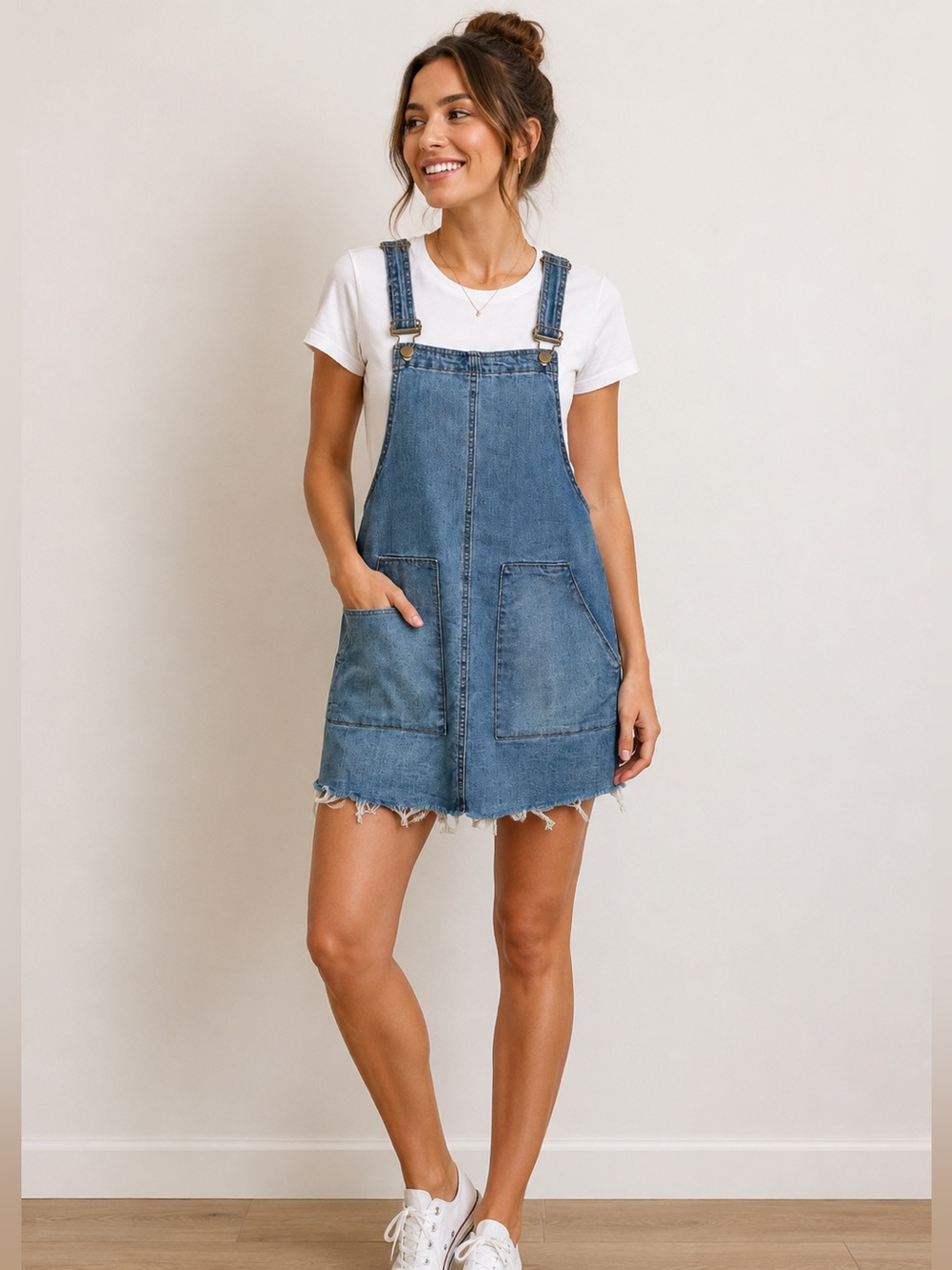 Dollhouse Blue Jean Denim Dungaree Overall Raw Hem Mini Dress Ladies 7